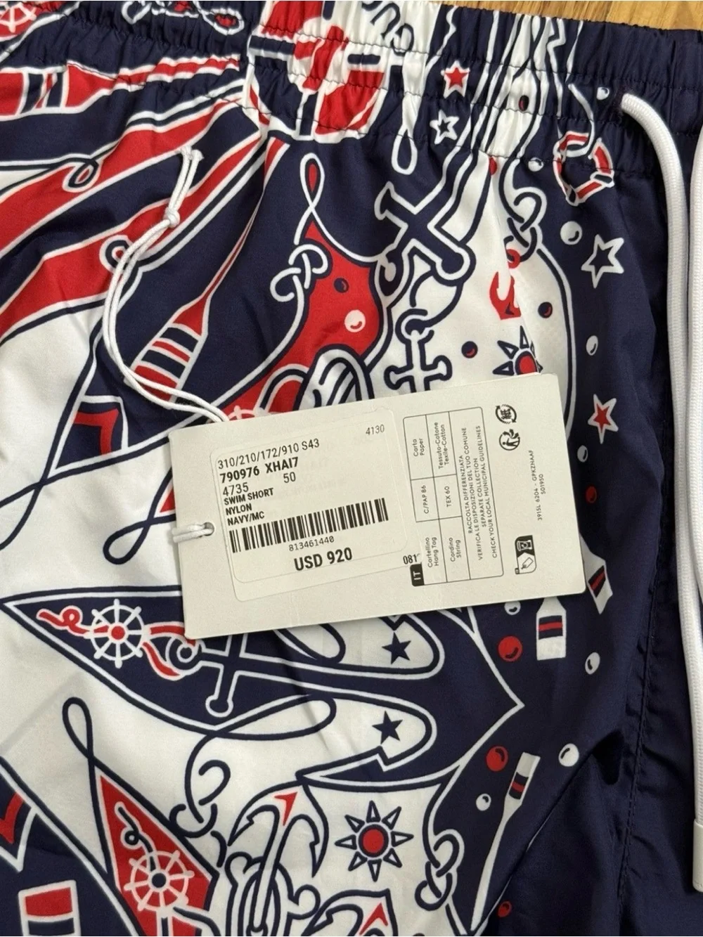 Gucci Men’s Navy, White & Red Graphic Swim Shorts